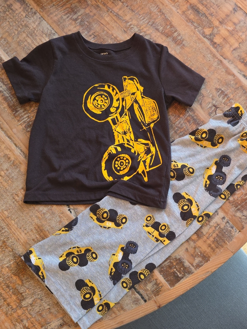 Carter's Black Tee & Gray Pants Monster Truck Pajama Set with Yellow Graphics